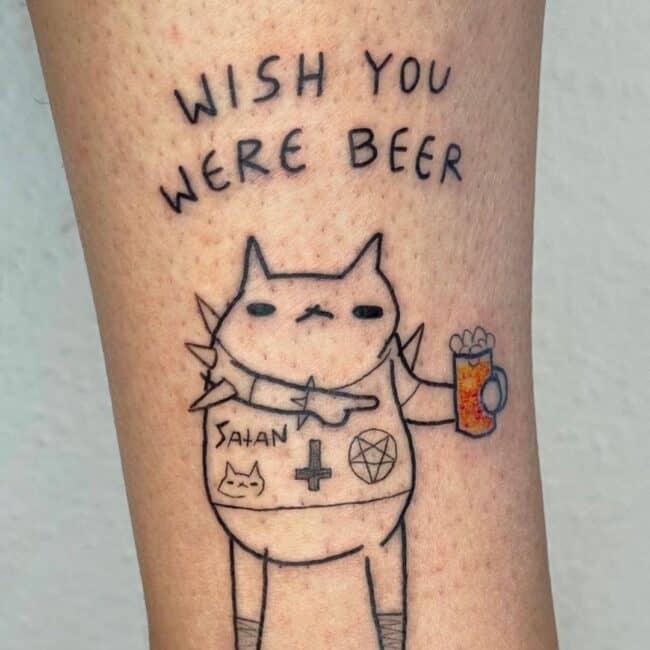 Fine Line Script Lettering Minimalist Cat Eye Nose Ears Thorns in His Arm Cross Star Logo Beer Bubbles Mug Socks Calf Leg Tattoo