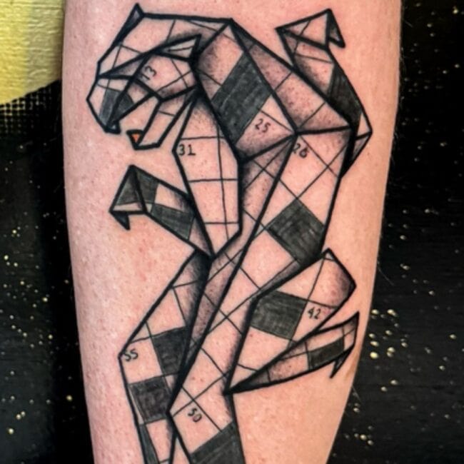Geometric Black and Grey Fine Line Whole Body Panther Head Tail Forelegs Sharp Teeth Numbers Square Pattern Forearm Tattoo