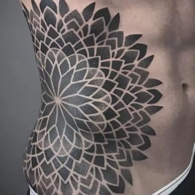Geometric Mandala Flower Circular Lines Sharp Edges Sanskrit Petals Design Side Belly Torso Rib Tattoo