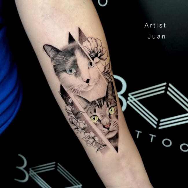 Juan Tattoo Artist Realism Geometric Portrait Cat Triangular Frame Floral Elements Forearm Tattoo