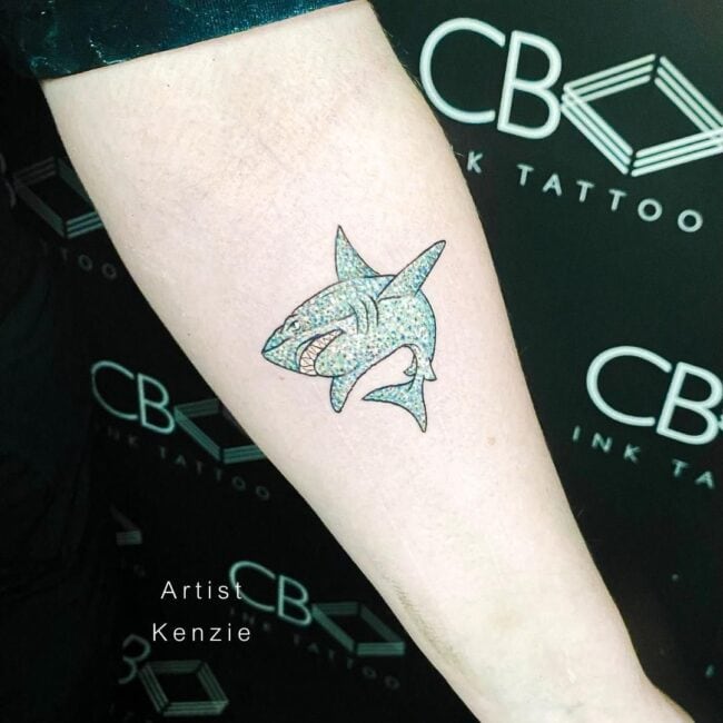 Kenzie Tattoo Artist Colour Fine Line Cartoon Minimalist Full Body Shark Sharp Teeth Pointed Snout Pectoral Fin Tail Gill Forearm Tattoo