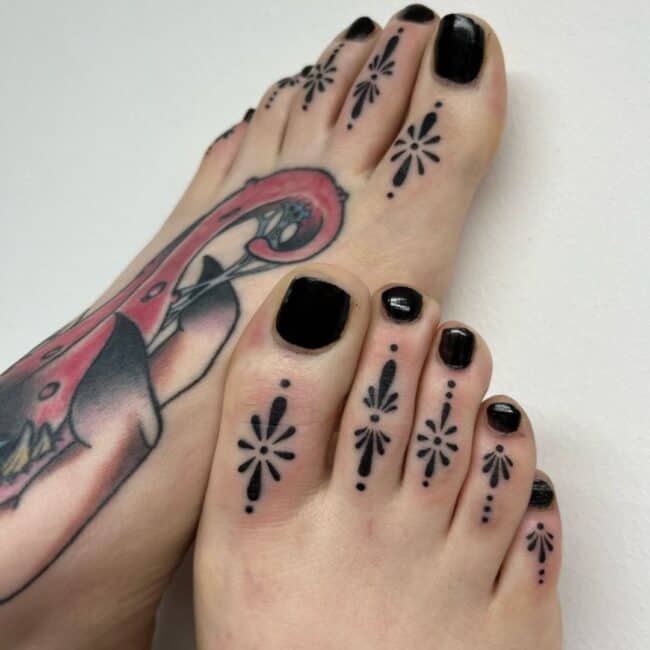 Mandala Geometric Blackwork Fine Line Bold Dots Lines Symbolic Flower Solid Tear Drop Shape Foot Tattoo