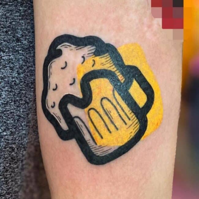 Minimalist Blackwork Fine Line Beer Mug Bubbles Flowing Yellow Background Bold Edges Forearm Tattoo