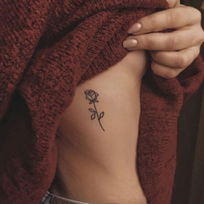 Minimalist Fine Line Black and Grey Rose Flower Petals Leaves Sepal Stem Rib Tattoo