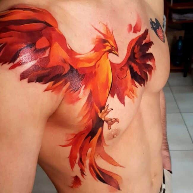 Neo Traditional Colour Whole Body Phoenix Pointed Beak Eye Crest Outstretched Wings Tail Sharp Talons Nails Feather Shoulder Rib Chest Tattoo