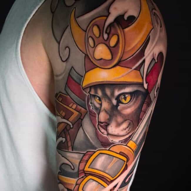 Neo Traditional Colour Anime Japanese Samurai Cat Irezumi Detailed Sharp Eyes Nose Mouth Wearing Jingasa Traditional War Hat Shoulder Arm Sleeve Tattoo