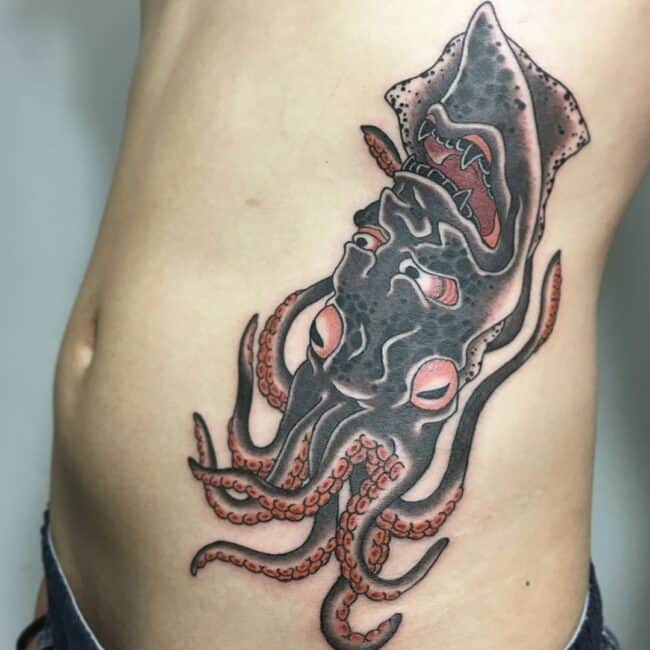 Neo Traditional Colour Realism Japanese Hannya Mask Sharp Teeth Eyes Detailed Cuttlefish Tentacles Fins Suckers Mantle Side Ribs Belly Tummy Tattoo