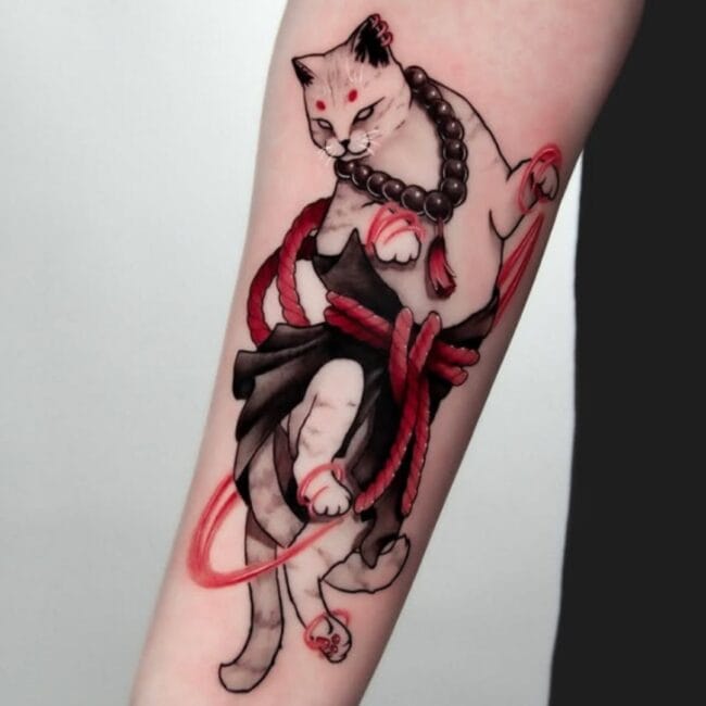 Neo Traditional Colour Samurai Cat Red Eyes Beaded Necklace Black Dress Garment Secured with Red Rope Belt Arm Tattoo