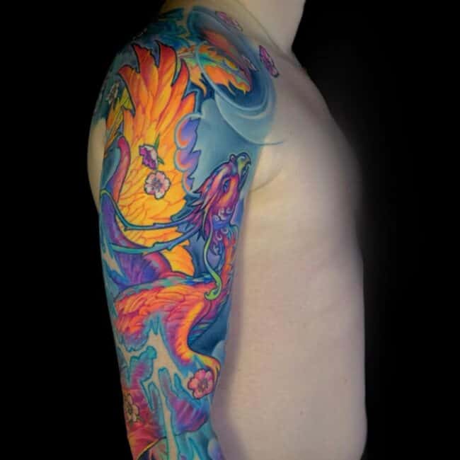 Neo Traditional Colour Whole Body Phoenix Pointed Beak Glowing Eye Crest Wings Tail Sharp Talons Nails Feathers Lightning Arm Sleeve Tattoo