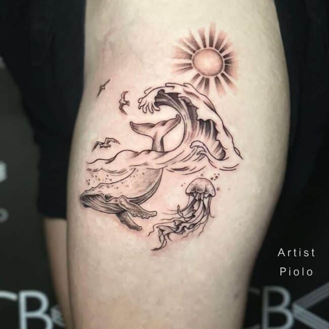 Piolo Tattoo Artist Black and Grey Fine Lines Whale Jellyfish Under the Water Detailed Bell Manubrium Rhopalia Tentacles Fin Eyes Flippers Flukes Mouth Leg Thigh Tattoo