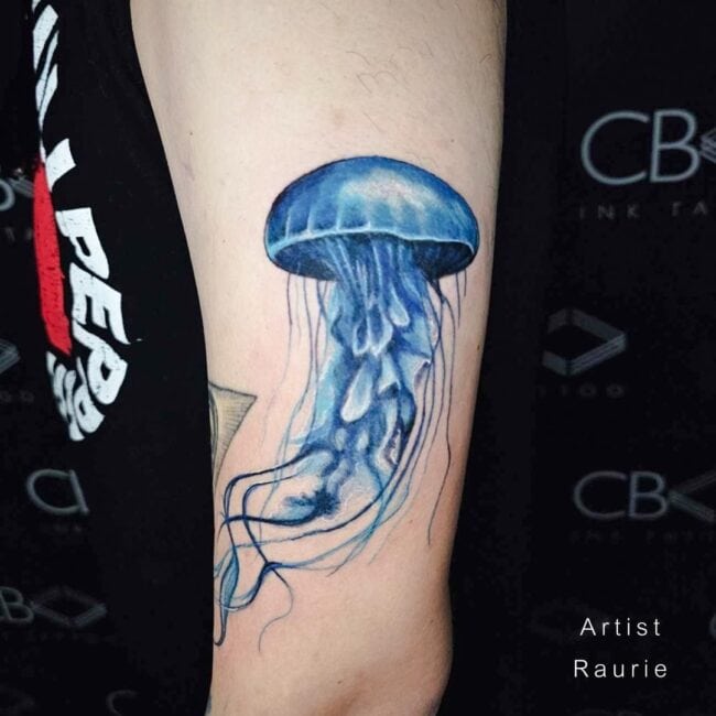 Raurie Tattoo Artist Neo Traditional Watercolour Realism Full Body Jellyfish Detailed Bell Manubrium Rhopalia Tentacles Arm Tattoo, Sea Life Tattoos
