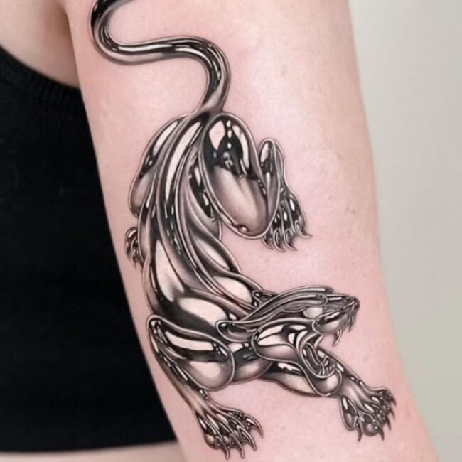 Realism Black and Grey Chrome Style Metallic Whole Body Panther Sharp Claws Teeth Nose Ears Glowing Eyes Forearm Tattoo