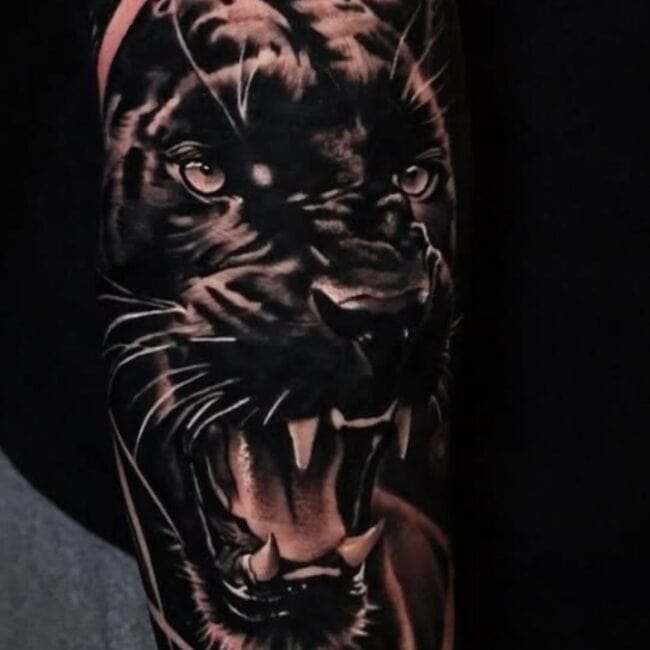 Realism Blackwork Portrait Panther Fierce Eyes Whiskers Nose Ears Sharp Teeth Arm Sleeve Tattoo