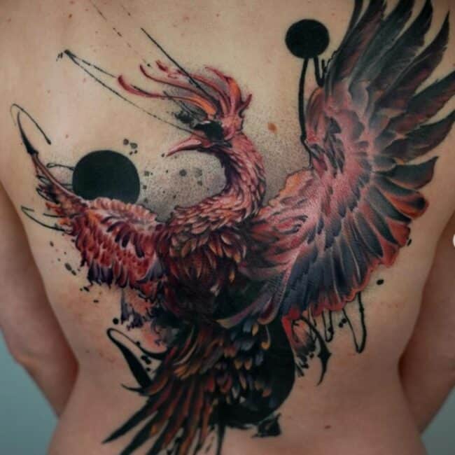 Realism Blackwork Whole Body Phoenix Dots Pointed Beak Eye Crest Wings Tail Sharp Talons Feather Shoulder Back Tattoo