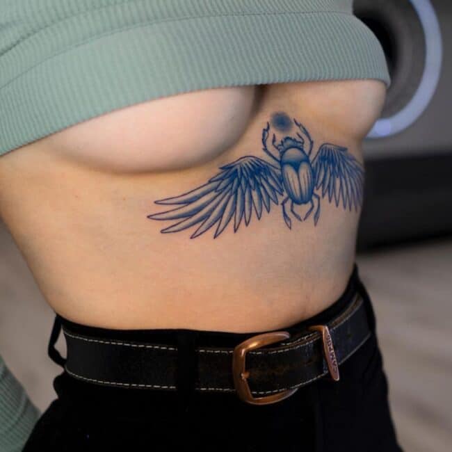 Realism Fine Line Full Body Scarab Beetle Round Disc Sphere Ancient Egyptian Symbol Detailed Wings Labrum Antenna Elytron Claws Elbow Abdomen Ribs Sternum Tattoo
