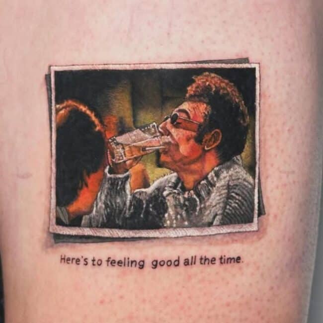 Realism Script Lettering Man Drinking a Beer on a Portrait Picture Sunglasses Hair Ears Hands Glass Eyebrows Nose Leg Tattoo