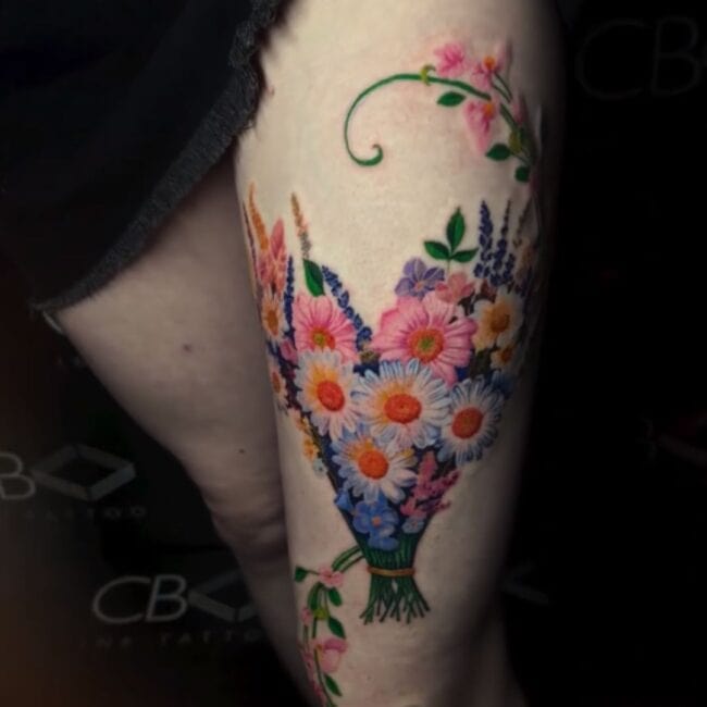 Sunny Tattoo Artist Colour Realism Floral Bouquet Detailed Colourful Petals Leaves Stem Leg Tattoo