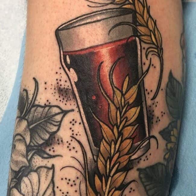 Traditional Colour Realism Glass of Beer Detailed Barley Grain Embracing Dots Lines Foraerm Tattoo