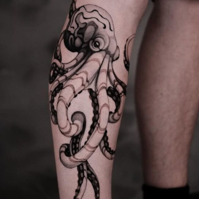 Traditional Black and Grey Fine Line Realism Octopus Detailed Eye Funnel Head Suckers Arms Web Leg Tattoo
