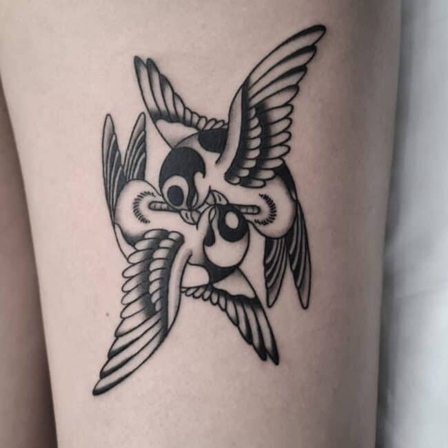 Traditional Black and Grey Geometric Fine Line Circular Yin Yang Swallow Birds Detailed Wings Pointed Beak Forked Tail Leg Tattoo