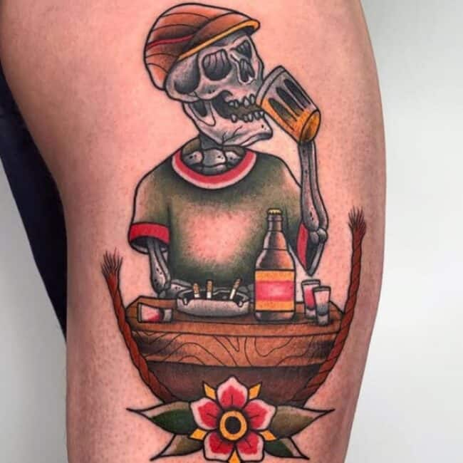 Traditional Colour Beer Mug Drinking Skeletal Skull Cigarette Bottle Ashtray Shot Glass Table Flowers Leaves Tshirt Cap Teeth Knotting Tale Arm Tattoo