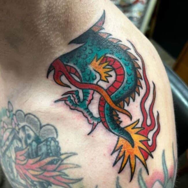 Traditional Colour Bold Lines Half Body Dragon Claws Paws Horns Scales Burning Flames Spine Tail Shoulder Neck Tattoo