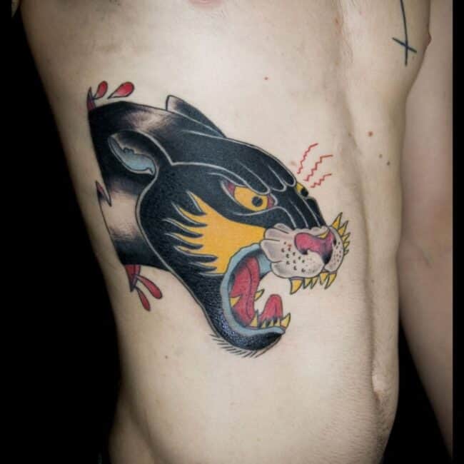 Traditional Colour Cartoon Portrait Panther Detailed Whiskers Sharp Tooth Fierce Eyes Ears Tongue Nose Ribs Belly Tattoo