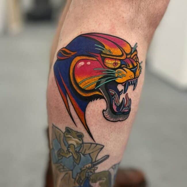 Traditional Colour Portrait Panther Fierce Eyes Whiskers Nose Ears Sharp Teeth Arm Forearm Tattoo