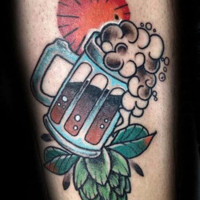 Traditional Colour Script Lettering Beer Glass Bubbles Whale Ocean Lips Upper Teeth Sun Leaves Forearm Arm Tattoo