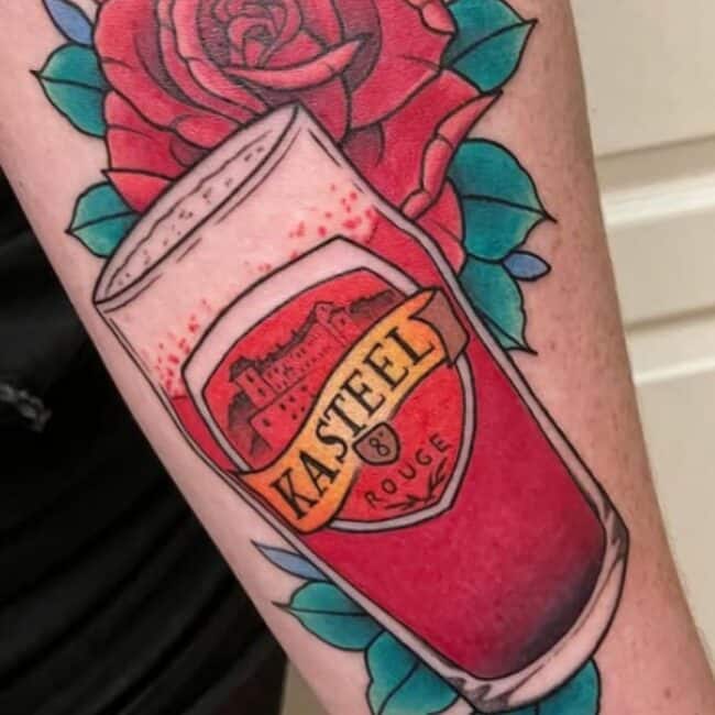 Traditional Colour Script Lettering Fine Line Kateel Logo Beer Bubbles Glass Rose Leaves Leg Calf Tattoo