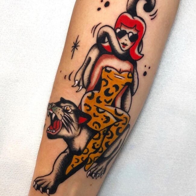 Traditional Colour Whole Body Woman and Panther Sharp Teeth Whiskers Tongue Eyes Ears Claws Tail Red Hair Heart Shape Eyeglasses Leopard Dress Dots Diamond Forearm Tattoo