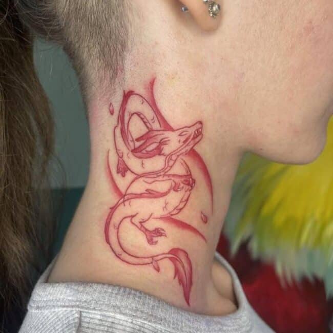 Traditional Full Body Red Dragon Belly Eyes Nose Spine Claws Paws Teeth Horns Whiskers Neck Tattoo