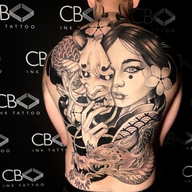 Traditional Japanese Black and Grey Realism Geisha Hannya Mask Flowers Dragon Sharp Teeth Claws Horns Nose Big Eyes Waves Full Back Tattoo