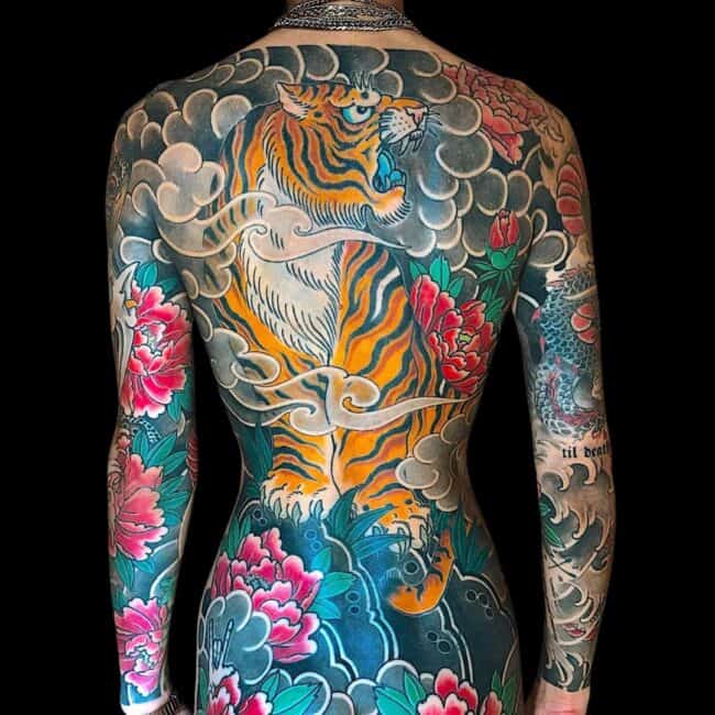 Traditional Japanese Colour Realism Geometric Irezumi Tiger Peonies Flower Dragon Clouds Waves Sharp Teeth Eyes Nose Whiskers Full Back Arm Sleeve Tattoo, Japanese Back Tattoos