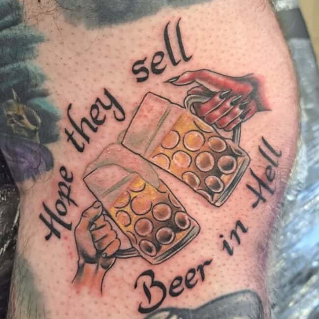 Traditional Script Lettering Colour Realism Beer Mug Bubbles Cheers Hands Nails Flowing Leg Tattoo
