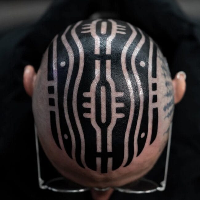 Tribal Blackwork Abstract Fine Edges Thick Bold Lines Pattern Straight Curved Flow Dots Head Tattoo