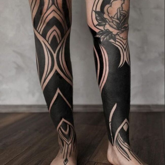 Tribal Blackwork Geometric Mandala Sharp Edges Thick and Thin Line Patterns Curved Flow Sign Blackout Detailed Flower Leaves Petals Left Right Full Leg Tattoo