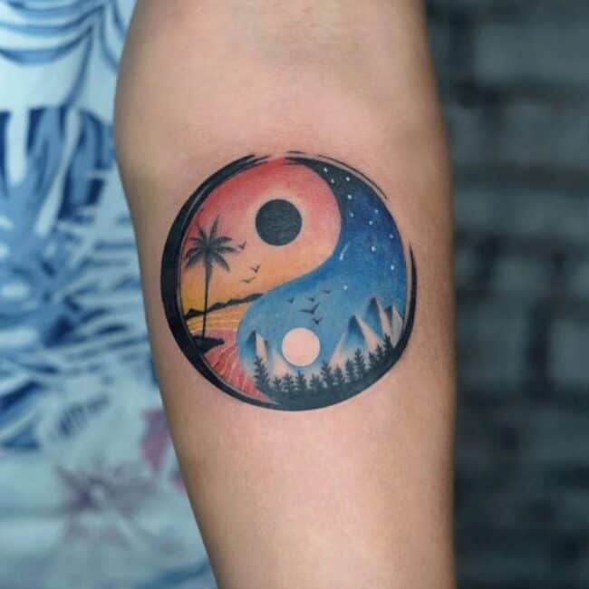 Watercolour Neo Traditional Yin Yang Landscape Scene Birds Beach Waves Mountains Stars Trees Sunset Moon Forearm Tattoo