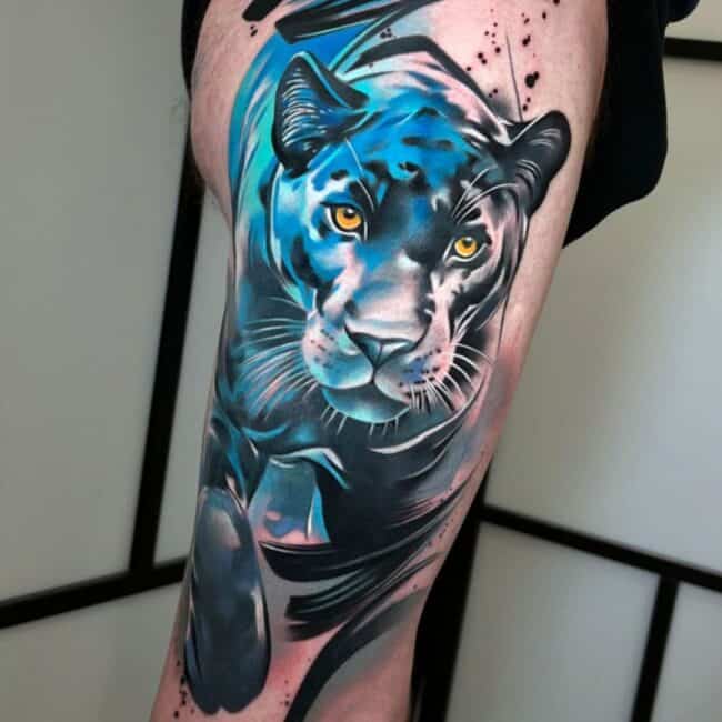 Watercolour Realism Portrait Panther Detailed Whiskers Sharp Tooth Glowing Eyes Ears Nose Dots Shading Black Buttocks Leg Tattoo