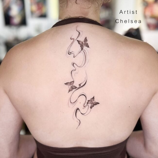 Black and Grey Fine Line Butterflies Smoke Flow Forewing Hindwing Tail Outreached Wings Head Thorax Back Tattoo