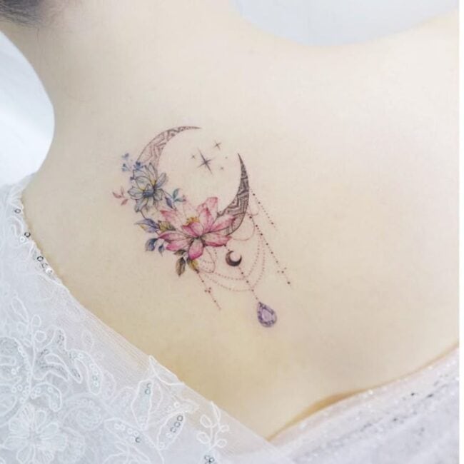 Colour Cartoon Crescent Moon Phases Flowers Diamonds Stars Leaves Butterflies Blooms Petals Lines Dotwork Neck Back Tattoo