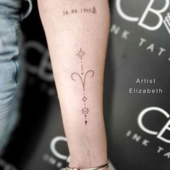 Elizabeth Tattoo Artist Fine Line Minimalist Geometric Sun Moon Star Diamond Dots Lines Shading Arrowm Forearm Tattoo