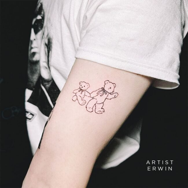 Erwin Tattoo Artist Fine Line Minimalist Whole Body Teddy Bears Holding Hands Ribbon Detailed Ears Eye Nose Feet Belly Walking Forearm Tattoo