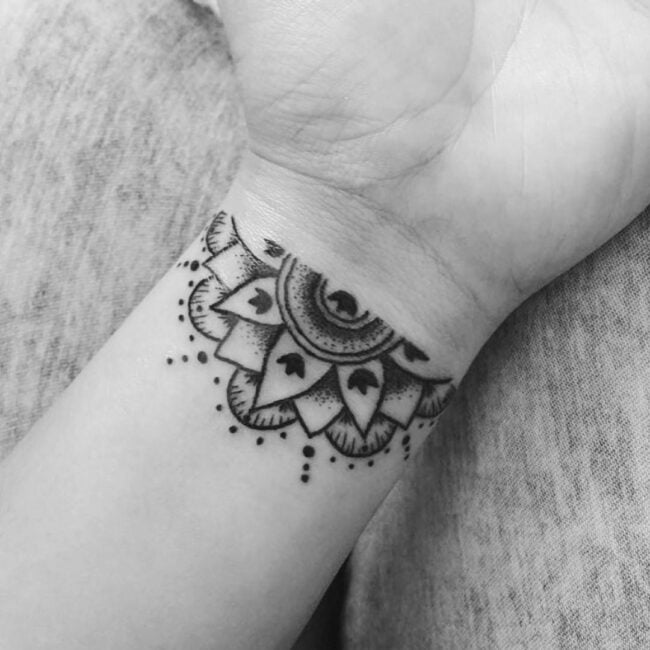 Fine Line Black and Grey Mandala Geometric Dotwork Petals Flower Shape Bold Lines Shading Wrist Forearm Tattoo
