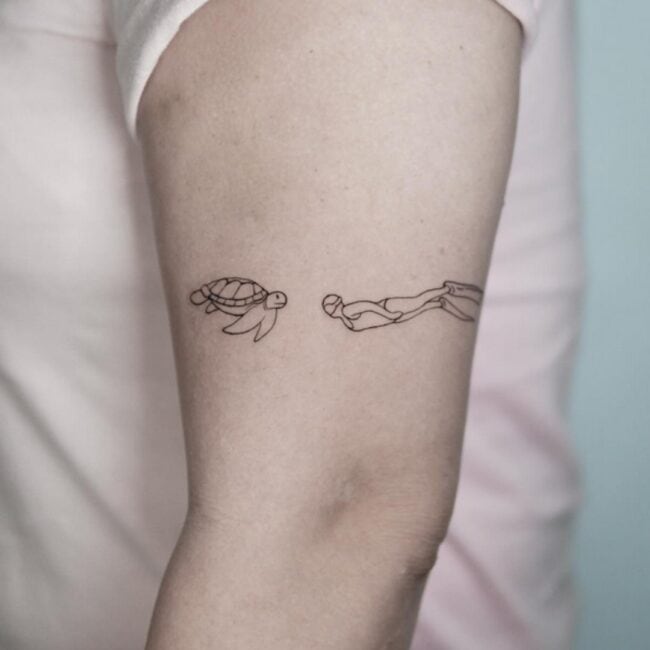 Fine Line Minimalist Sea Turtle Diver Shell Claw Fore Flipper Head Suit Fins Forearm Tattoo