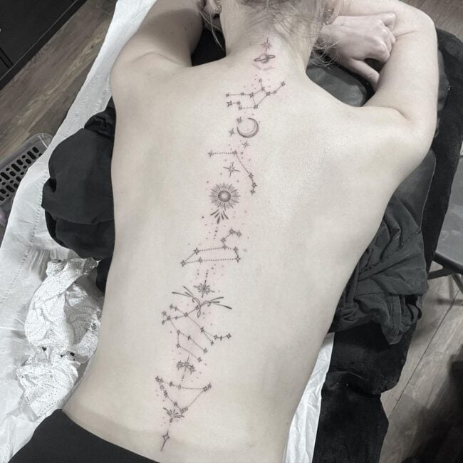 Geometric Fine Line Mandala Saturn Planet Celestial Flower Bloom Sun Crescent Moon Phase Knotted Lines Dots Diamond Stars Connecting Shape Elements Spine Back Tattoo