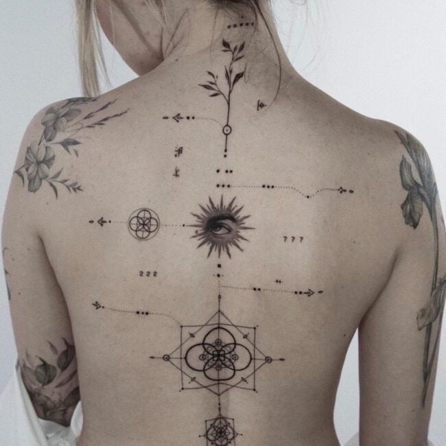 Geometric Fine Line Realism Eye Flowers Leaves Stems Mandala Triangle Round Straight Lines Dots Diamond Shape Elements Spine Back Tattoo