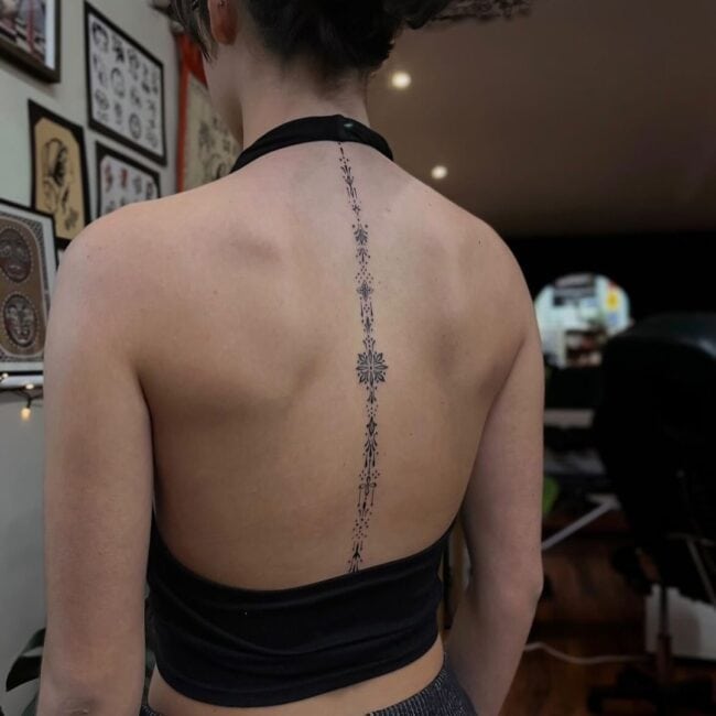 Geometric Mandala Vertical Dots Diamond Flower Shape Elements Spine Back Tattoo