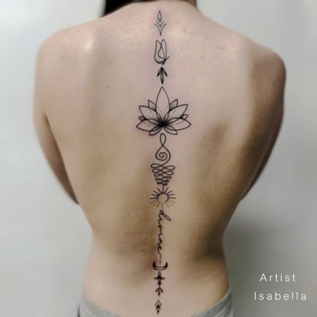 Isabella Tattoo Artist Black and Grey Fine Line Script Lettering Mandala Geometric Flower Sun Butterfly Leaves Strings Infinity Half Shape Moon Phase Back Tattoo