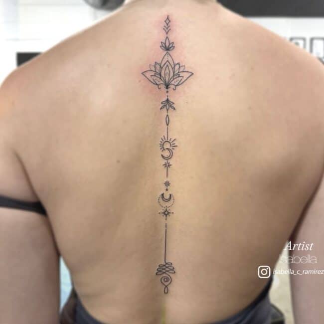 Isabella Tattoo Artist Geometric Fine Line Mandala Celestial Flower Bloom Sun Crescent Moon Phase Knotted Lines Dots Diamond Shape Elements Spine Back Tattoo